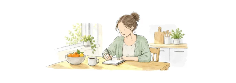 Woman sitting at the kitchen table writing the weekly menu in a notebook beside a fruit bowl.