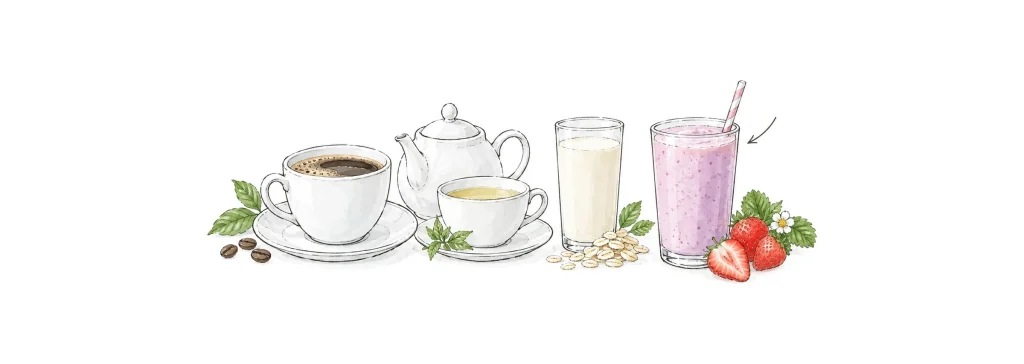 Cup of coffee, cup of tea with a teapot, a glass of plant-based drink and a strawberry smoothie on a white background.