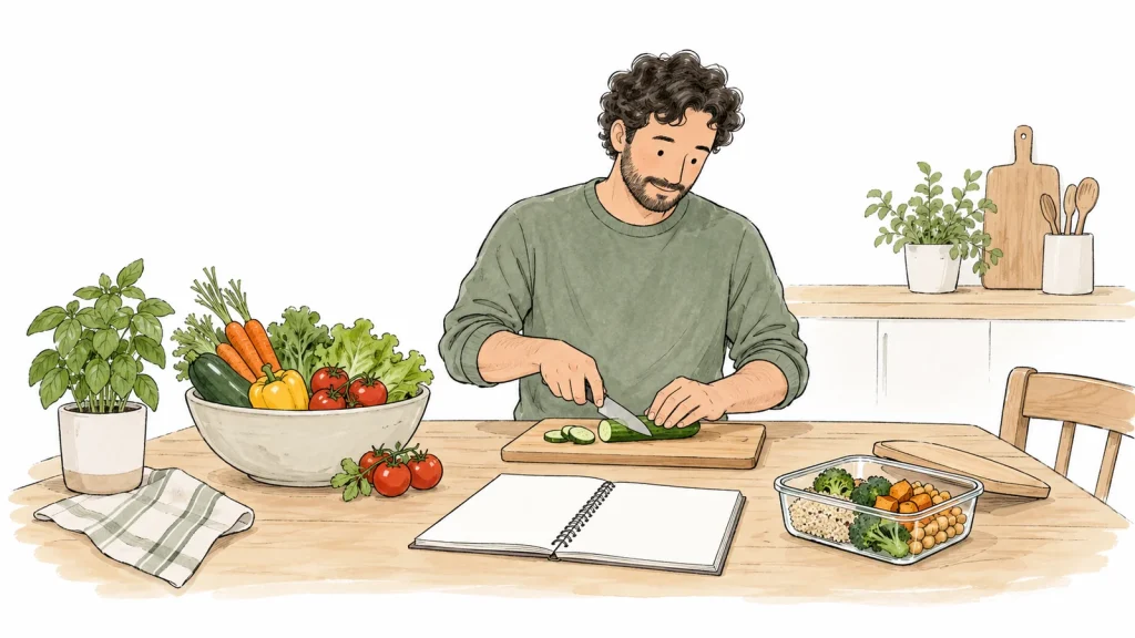 A man prepares a meal beside a notebook and a reusable container.