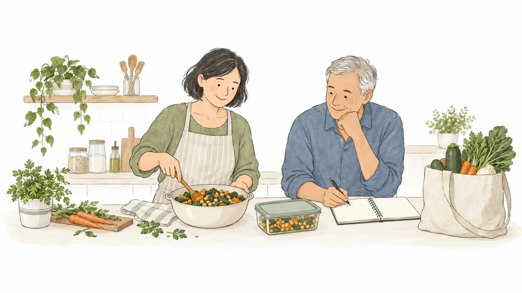 Dos personas preparan una comida junto a un recipiente y un cuaderno.