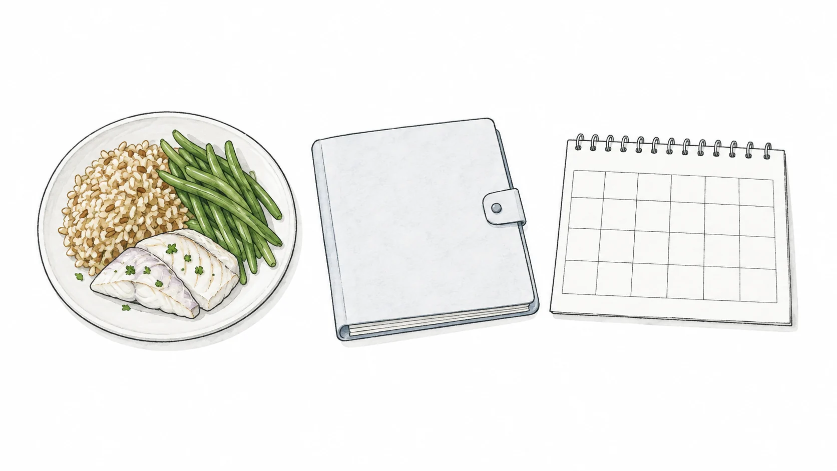 Plato con arroz integral, judías verdes y pescado blanco, junto a una carpeta cerrada y un calendario en blanco.
