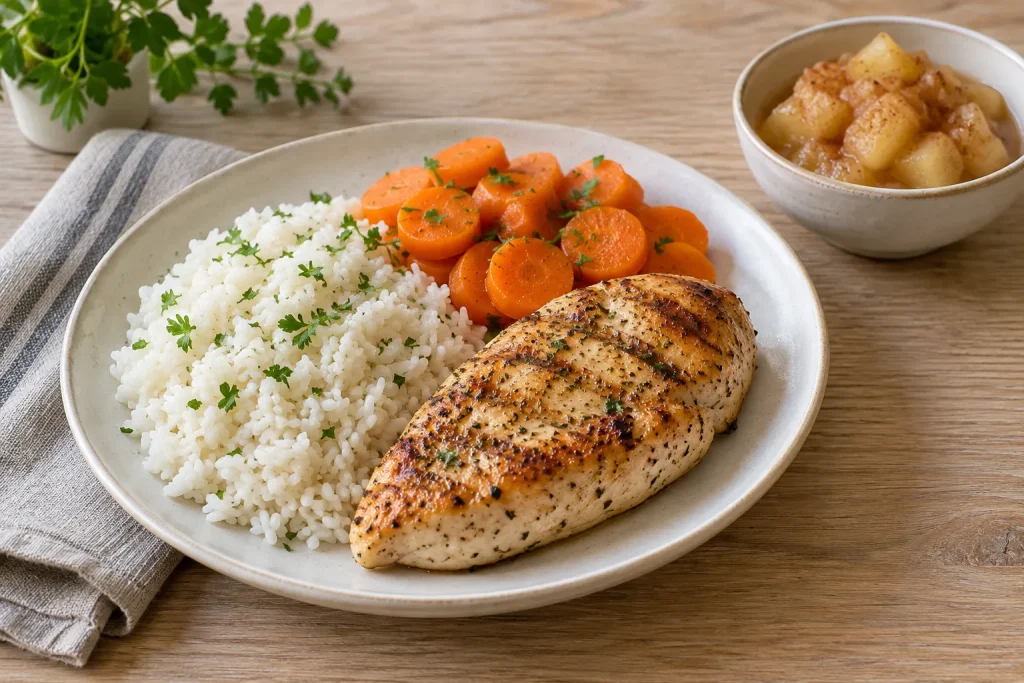 Arroz blanco con pollo a la plancha y zanahoria cocida