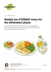 Cover of the PDF guide: Weekly low-FODMAP menu for the elimination phase