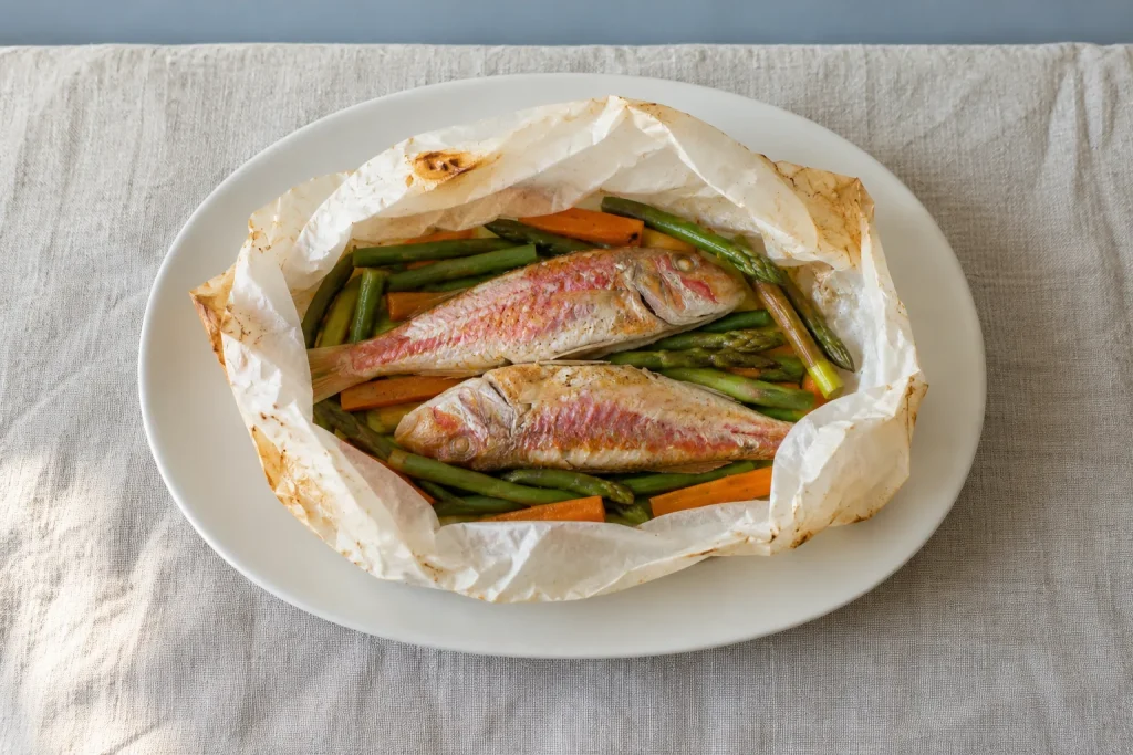 Papillote abierto con dos salmonetes y tiras de judías verdes, zanahoria y espárragos verdes