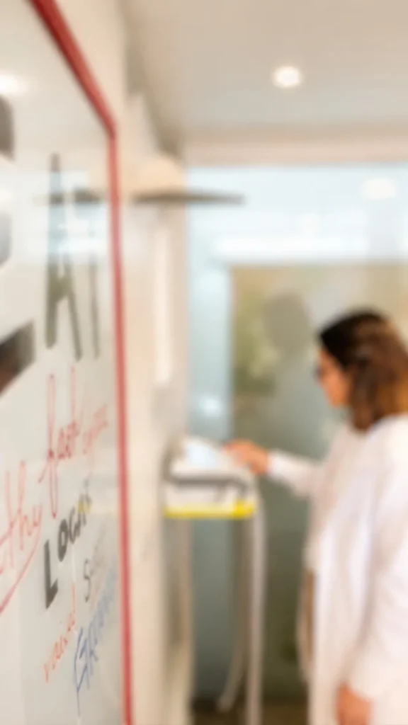 Sandra en el despacho junto a la báscula, con el cartel en primer plano